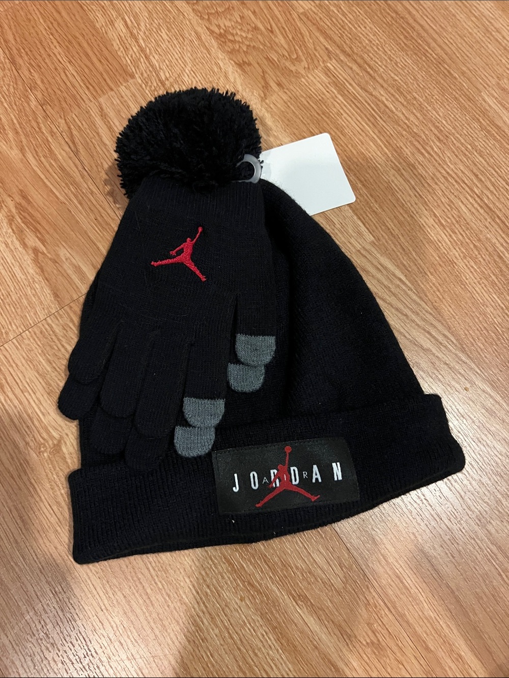 Jordan Black Pom Beanie and Glove Set with Red Jumpman